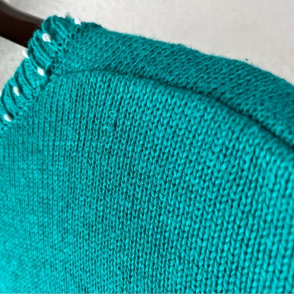 Vintage Sweater XL Lucia Cardigan Teal Green Knit Embroidered Floral Scalloped - Picture 13 of 16
